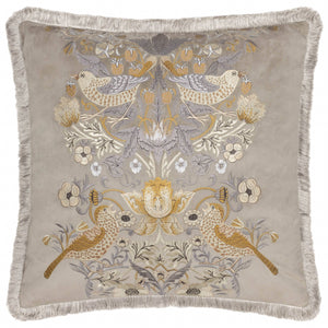 William Morris Strawberry Thief Embroidered Velvet Cushion-Biscuit