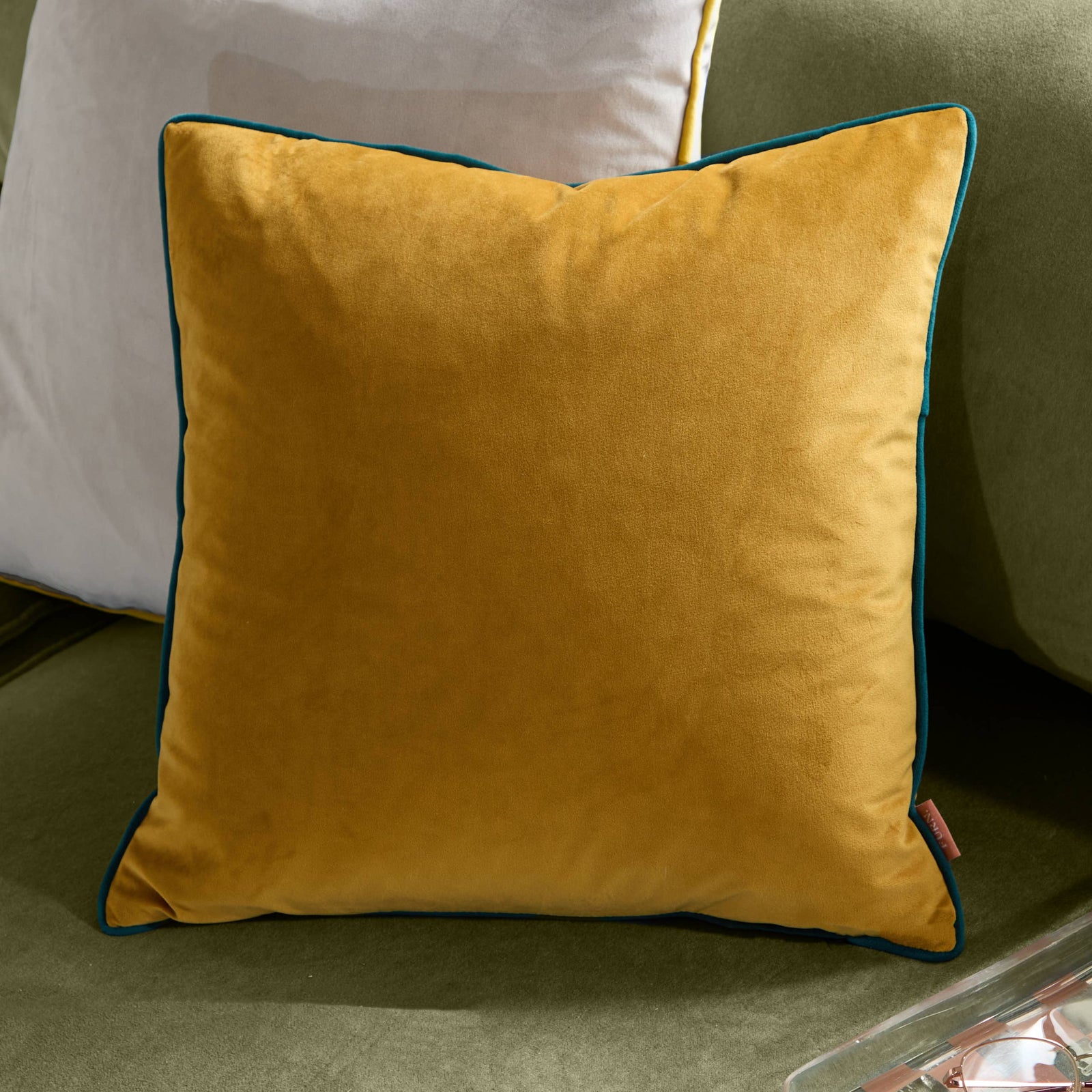 Meridian Velvet Cushion Ochre/Teal