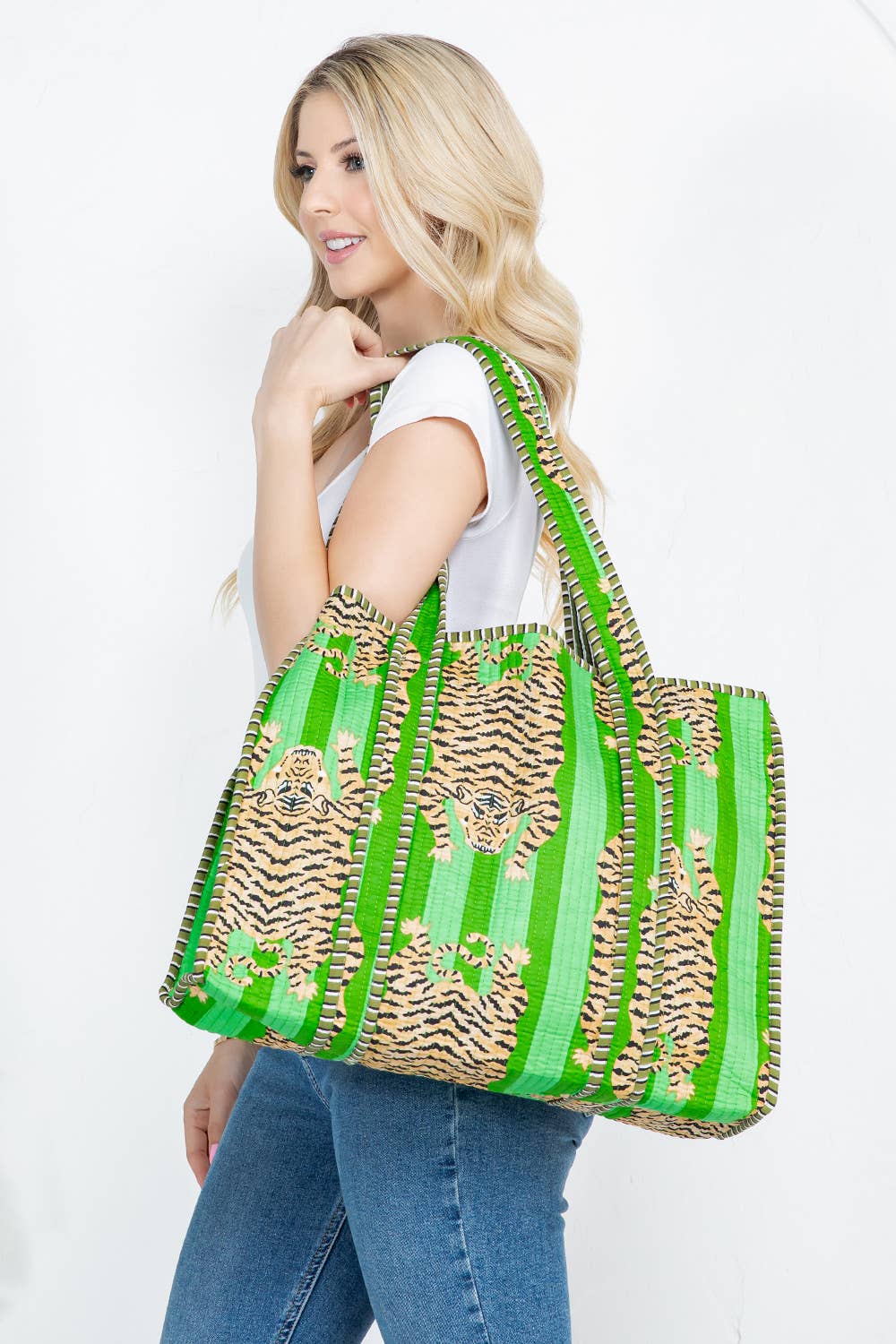 Tigers & Lime Green - Handmade Reversible Quilted Cotton Tote Bag
