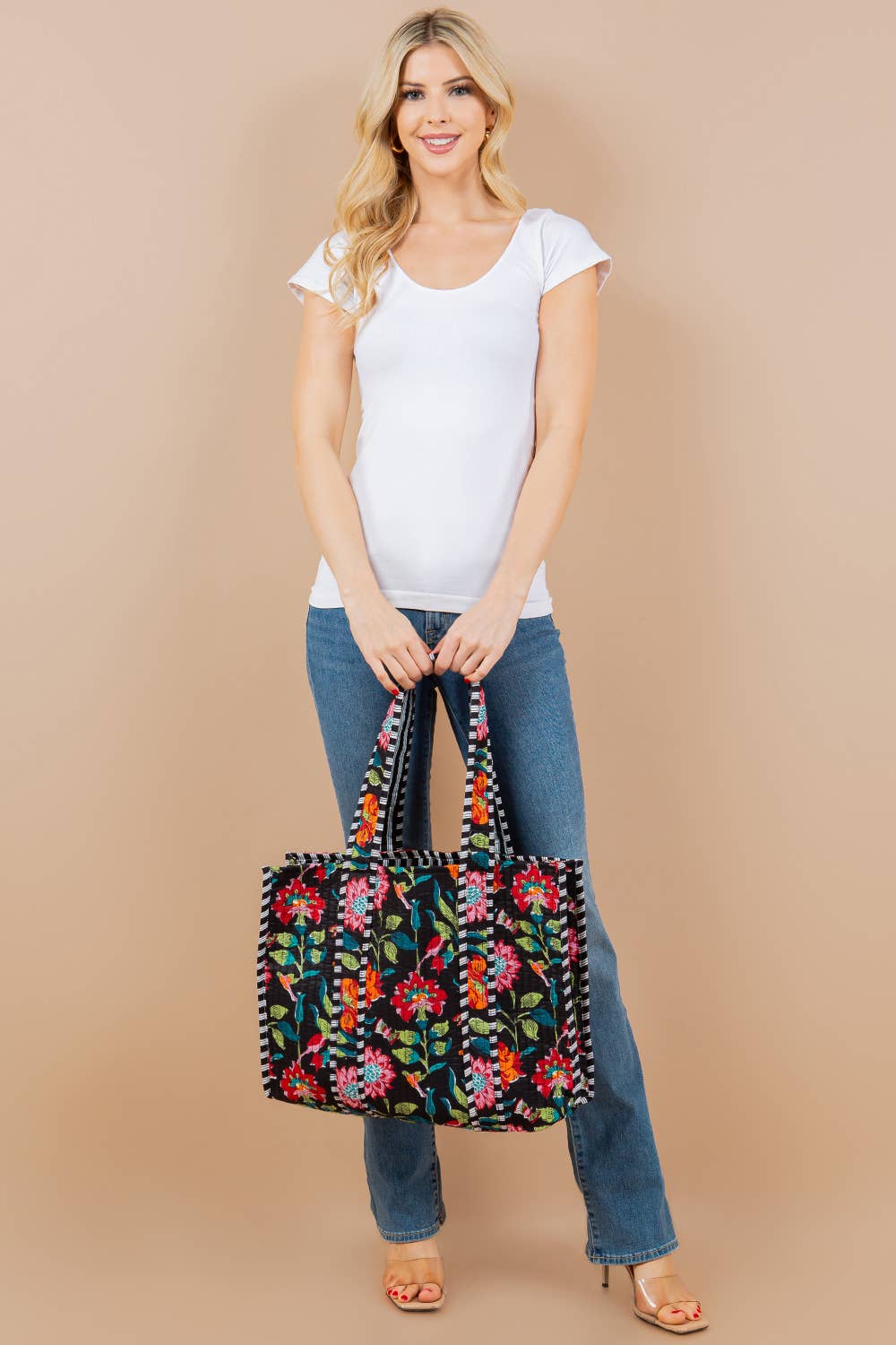 Floral Black Quilted Tote Bag