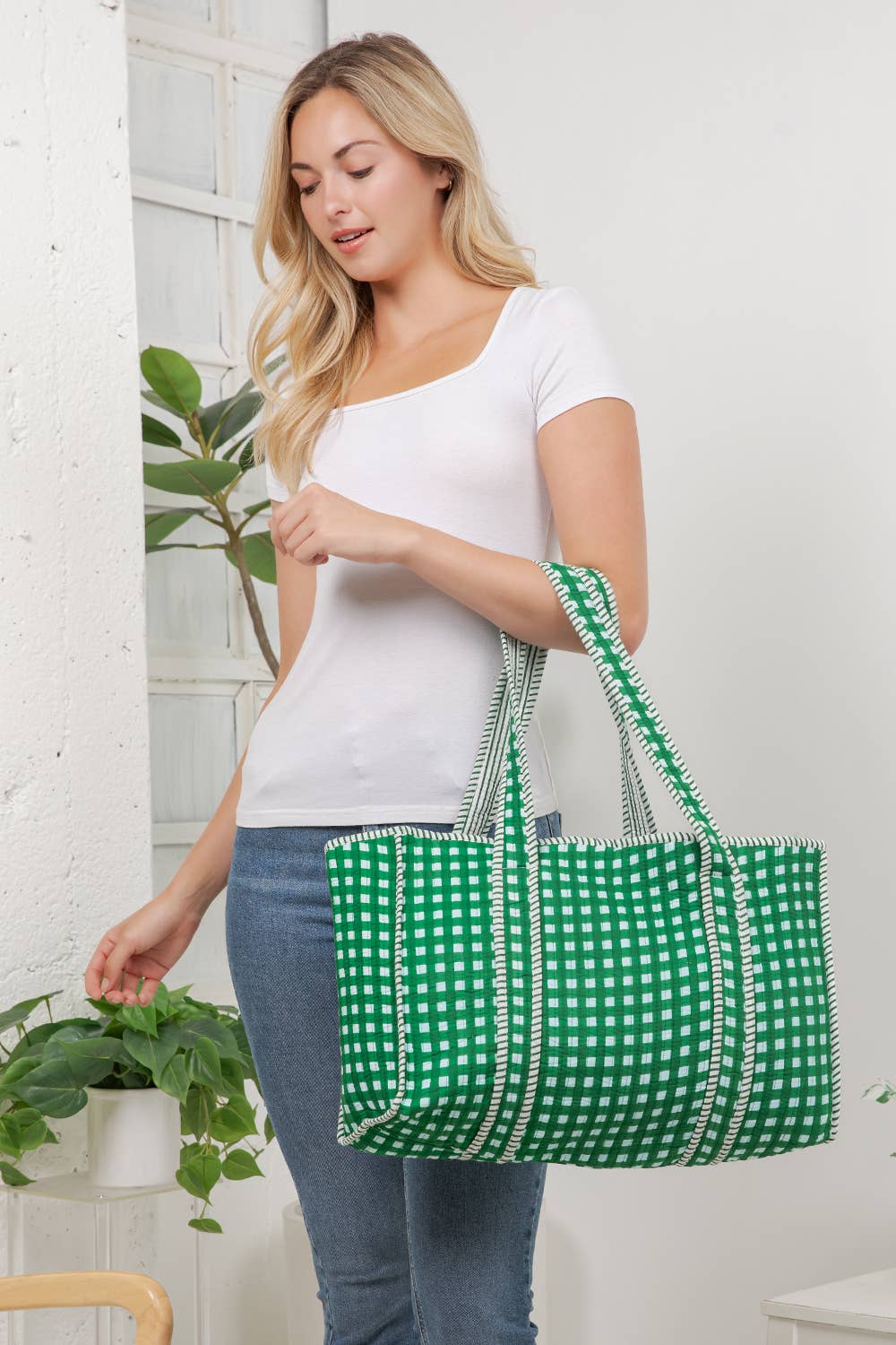 Green Checker - Quilted Cotton Tote Bag