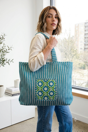 Blue Mums & Green Trellis - Quilted Cotton Tote Bag
