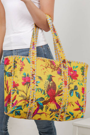 Floral & Birds Yellow Quilted Cotton Tote Bag