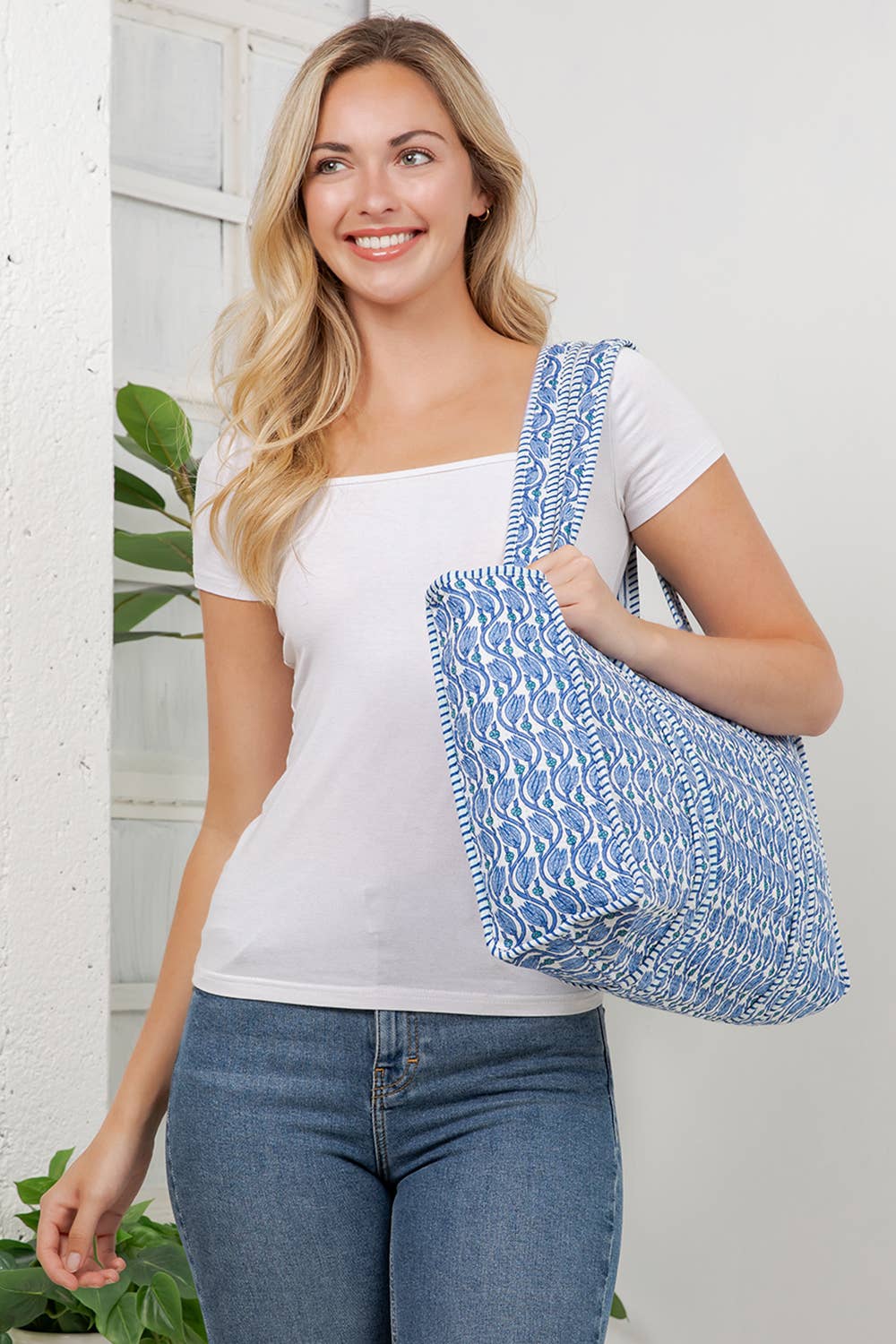 Blue Floral Vines - Quilted Cotton Tote Bag