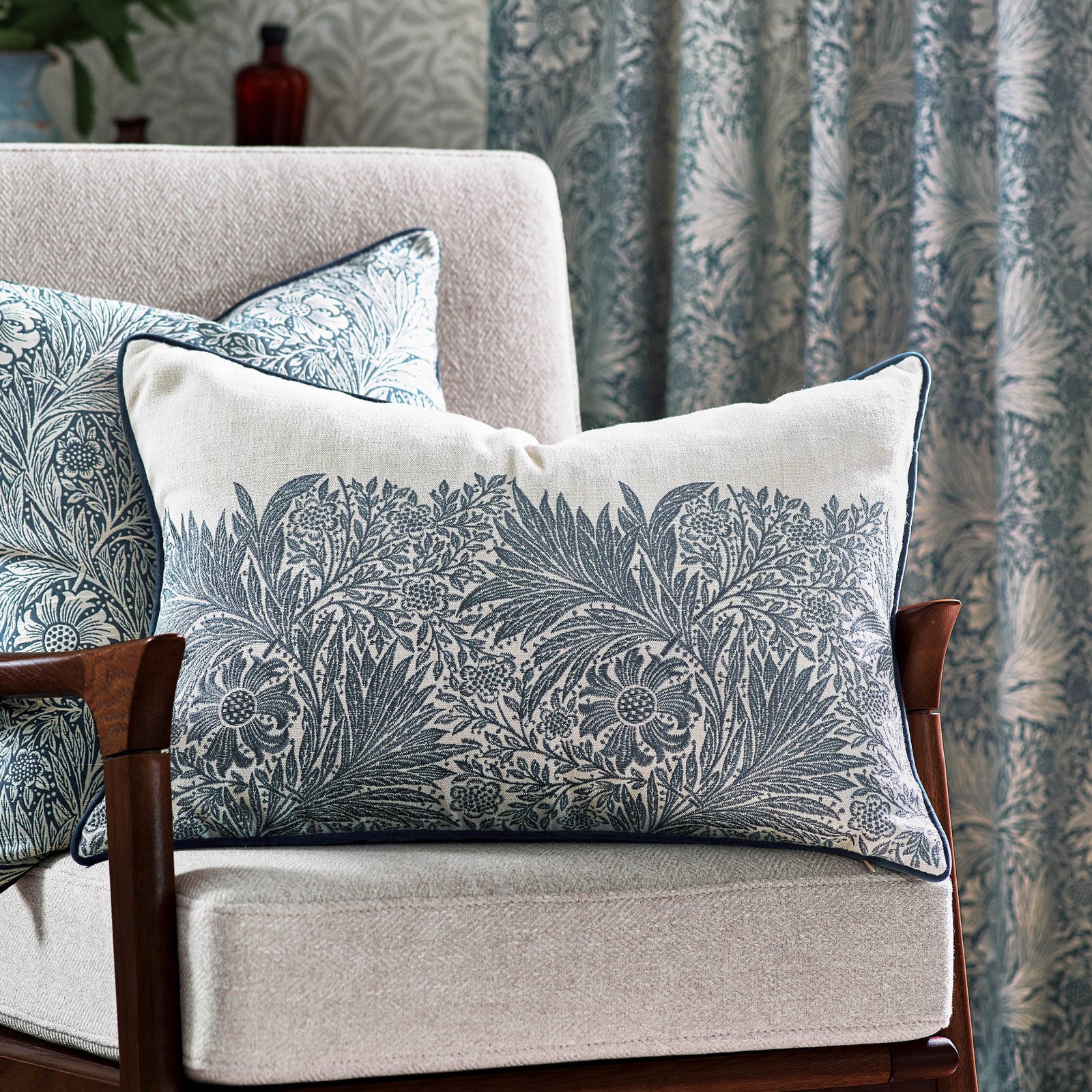 William Morris Marigold Embroidered Cushion-Indigo