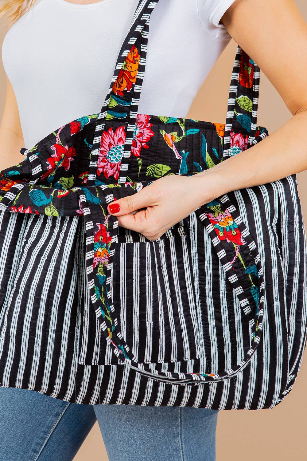 Floral Black Quilted Tote Bag